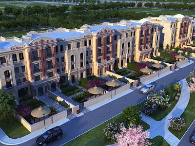 Elegant Townhouse Row With Classic Architecture Lush Gardens And Cherry Blossom Trees 3d model