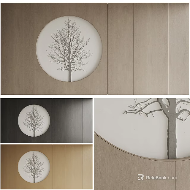 Sofa Background Wall With Round Tree Art And Wooden Panel Design 3d model
