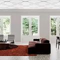 Bright Modern Living Dining Room Interior With Large Windows Sofa Dining Table And Chairs