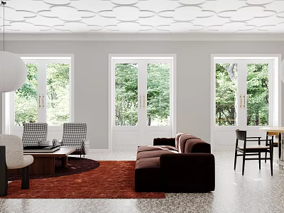 Bright Modern Living Dining Room Interior With Large Windows Sofa Dining Table And Chairs 3d model