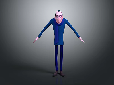 Tall Thin Cartoon Character in Blue Outfit with Open Arms and Surprised Expression 3d model
