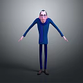 Tall Thin Cartoon Character in Blue Outfit with Open Arms and Surprised Expression
