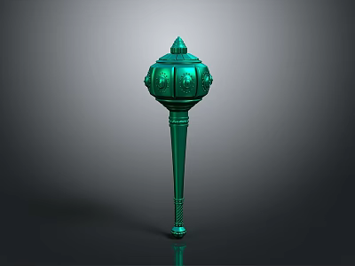Green Decorative Weapon With Ornate Top And Carved Long Shaft Design 3d model