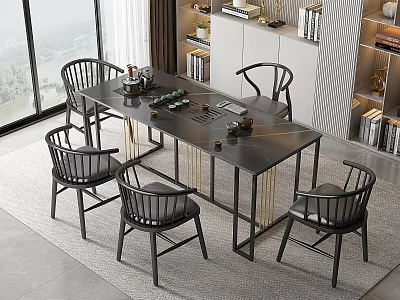 Modern Dining Table Set With Black Chairs Rectangular Wooden Top And Metal Frame 3d model