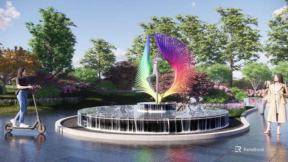 Colorful Feather Shaped Sculpture as Centerpiece in Circular Fountain with Trees and Flowers 3d model 