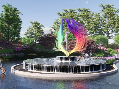 Colorful Feather Shaped Sculpture as Centerpiece in Circular Fountain with Trees and Flowers 3d model