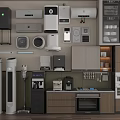 Various Home Appliances Display Including Air Conditioners Vacuum Cleaners Coffee Makers Ovens And Cabinets