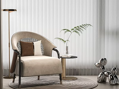 Beige Lounge Chair With Brown Pillows Small Side Table Plant Floor Lamp And Round Rug 3d model
