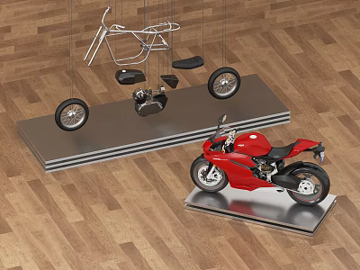 Red Sports Motorcycle On Display Stand With Suspended Frame Wheels And Seats 3d model