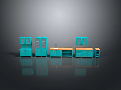 Green Kitchen Cabinetry with Glass Doors and Wooden Countertop Arranged in Gray Background with Reflection 3d model