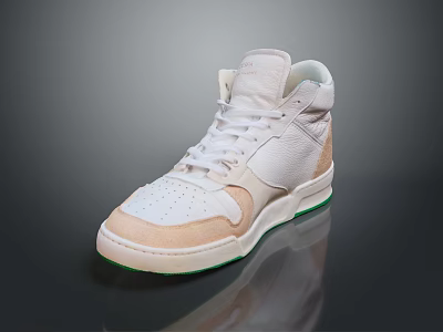 Modern White And Beige High Top Sneakers With Leather Suede And Green Sole 3d model