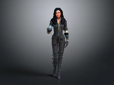 Woman With Long Black Hair In Dark Futuristic Outfit And Mechanical Arm Standing Pose 3d model