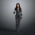 Woman With Long Black Hair In Dark Futuristic Outfit And Mechanical Arm Standing Pose