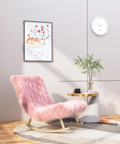 Pink Fluffy Lounge Chair With Small Round Side Table Green Plant And Wall Decor 3d model