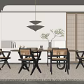 Modern Restaurant Interior With Wooden Dining Table Stylish Chairs Pendant Light Plant And Neutral Rug