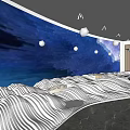 Contemporary Interior Design Featuring Blue Wavy Wall And White Curved Floor 3d model