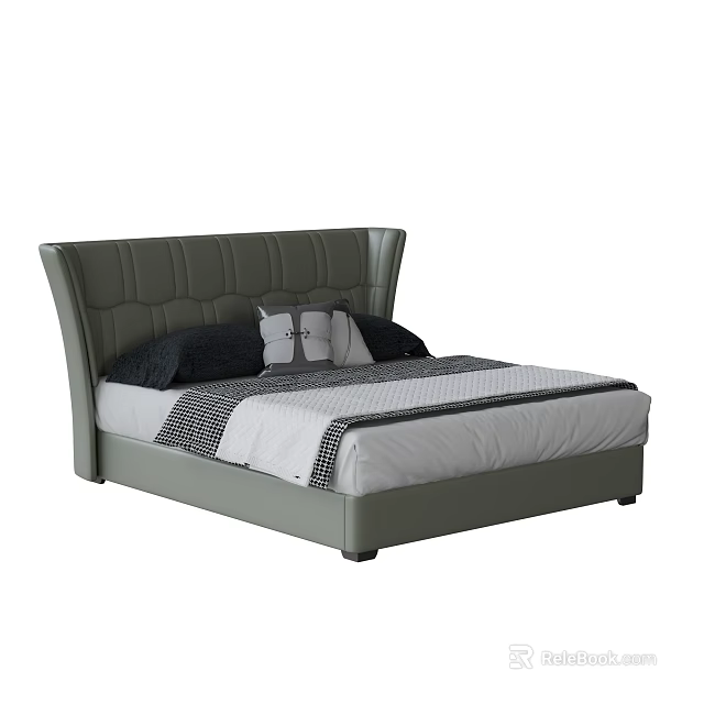Modern Double Bed With Gray Upholstered Headboard And White Black Checked Bedding 3d model