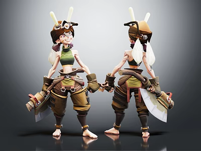 3D Female Character With Insect Antennae Wings Green Top Brown Pants Holding Tools 3d model