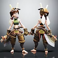 3D Female Character With Insect Antennae Wings Green Top Brown Pants Holding Tools