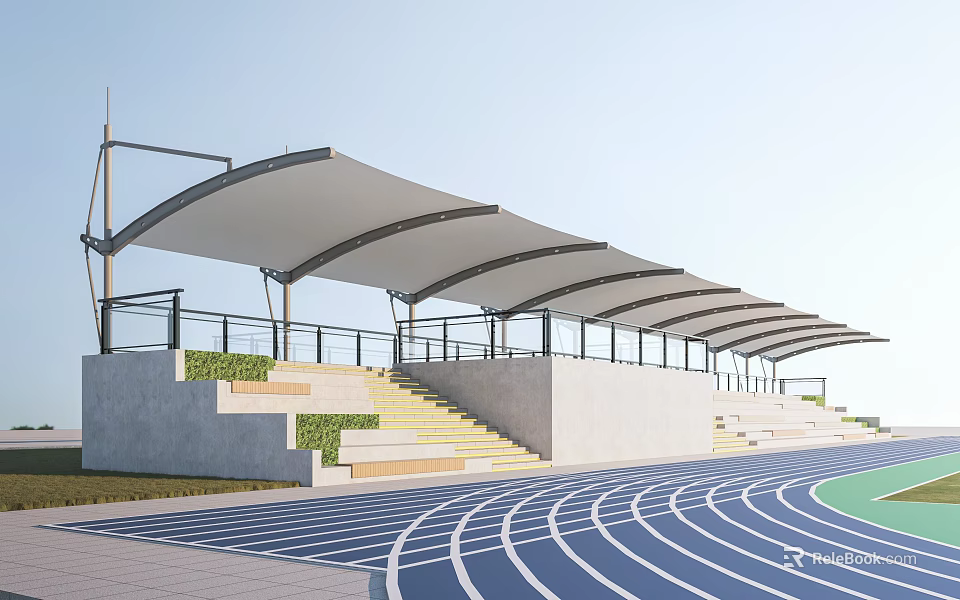 Soccer Field In Sports Venue With Track And Covered Grandstand 3d model 