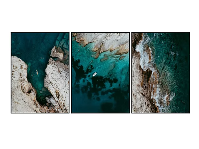 Triptych Landscape Painting Featuring Aerial Seascape Rocks And Clear Blue Water 3d model