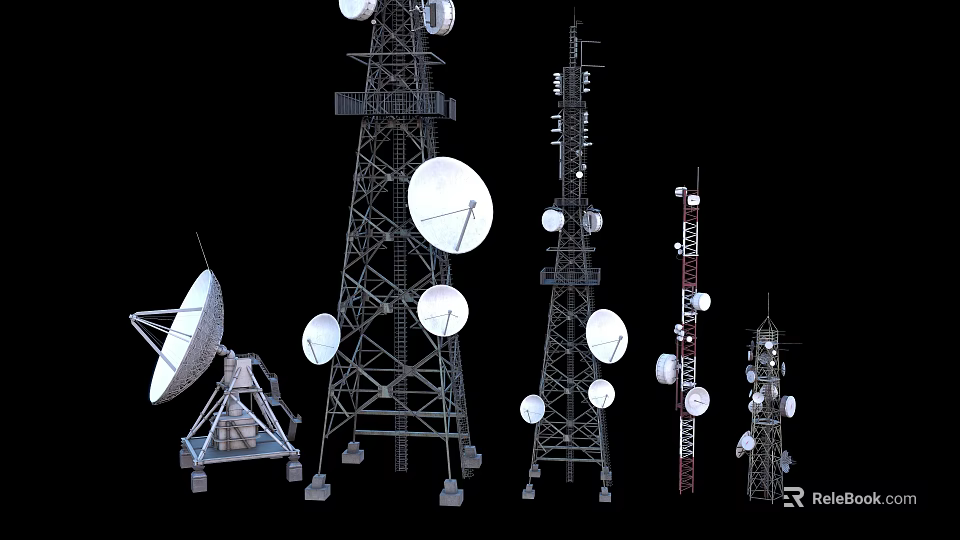 Various Types of Telecommunication Towers With Satellite Dishes And Antennas 3d model 