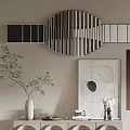 Modern Entryway Side Cabinet Interior Design With Striped Mirror Potted Plant And Circular Patterns