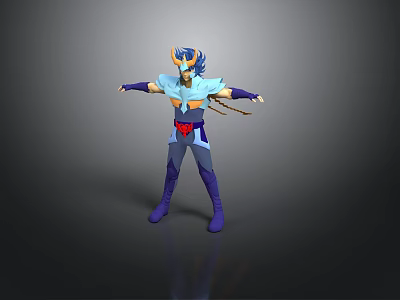 Animated Warrior Character In Blue Purple Outfit With Yellow Accents And Arms Outstretched 3d model
