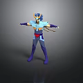 Animated Warrior Character In Blue Purple Outfit With Yellow Accents And Arms Outstretched