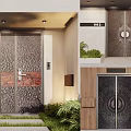 Modern Entrance Door With Engraved Metal Patterns And Green Plants Near House Number