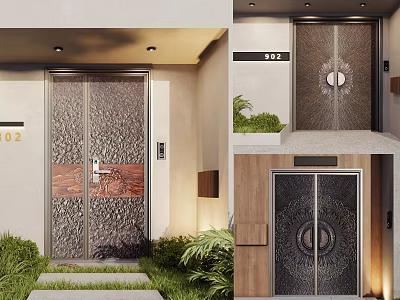 Modern Entrance Door With Engraved Metal Patterns And Green Plants Near House Number 3d model