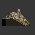 Detailed Ancient Mountain Village Model Built On Rocky Terrain With Traditional Structures And Greenery