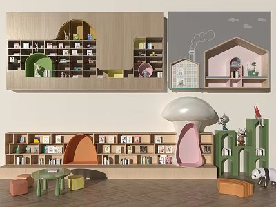 Kindergarten Desk Bookshelf Kindergarten Bookcase Reading Room 3d model