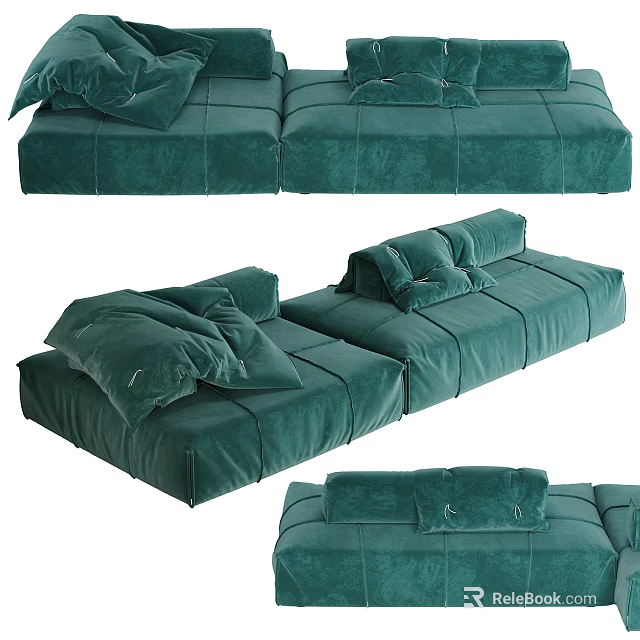 Teal Velvet Sectional Sofa with Plush Cushions and Spacious Seating Design 3d model 