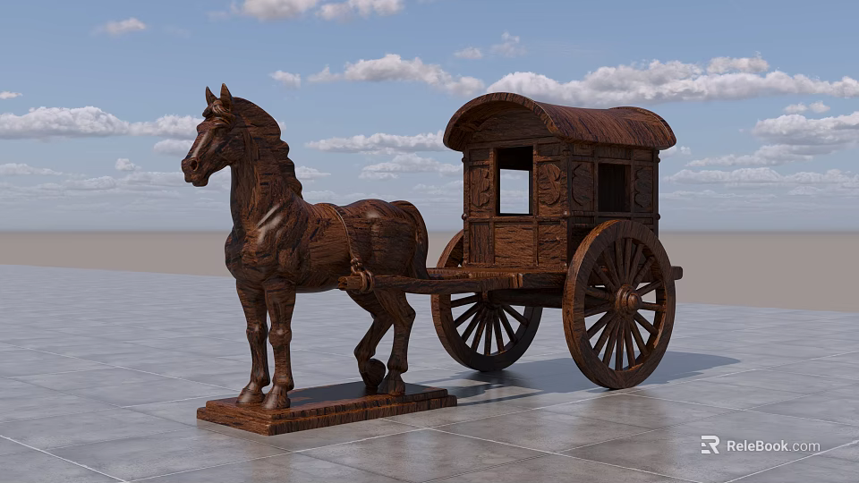 Ornate Wooden Horse-Drawn Carriage with Carved Details and Blue Sky Gray Ground 3d model 
