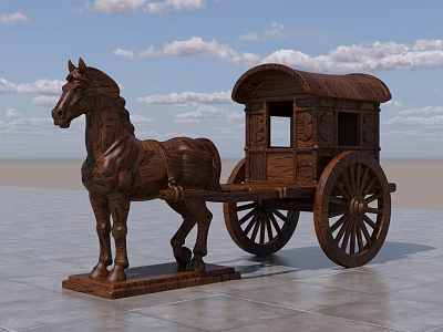 Ornate Wooden Horse-Drawn Carriage with Carved Details and Blue Sky Gray Ground 3d model