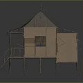 Traditional Wooden House With Thatch Roof Built On Stilts And Wooden Stairs