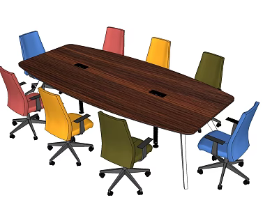 Wooden Conference Table with Colorful Wheeled Chairs in Modern Office Meeting Room 3d model