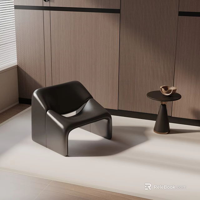 Modern Black Leather Accent Chair With Wooden Textured Wall And Small Round Side Table 3d model 