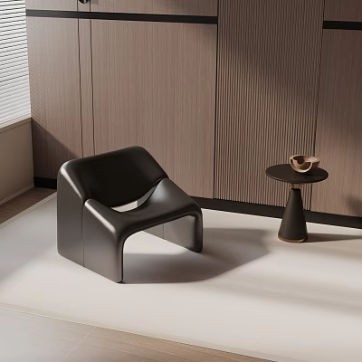 Modern Black Leather Accent Chair With Wooden Textured Wall And Small Round Side Table 3d model