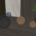 Spherical Woven Floor Lamps In Three Sizes On Wooden Floor With Curtain And Green Plant
