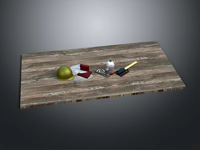 Rustic Wooden Stone Work Surface With Craft Tools And Material Samples 3d model
