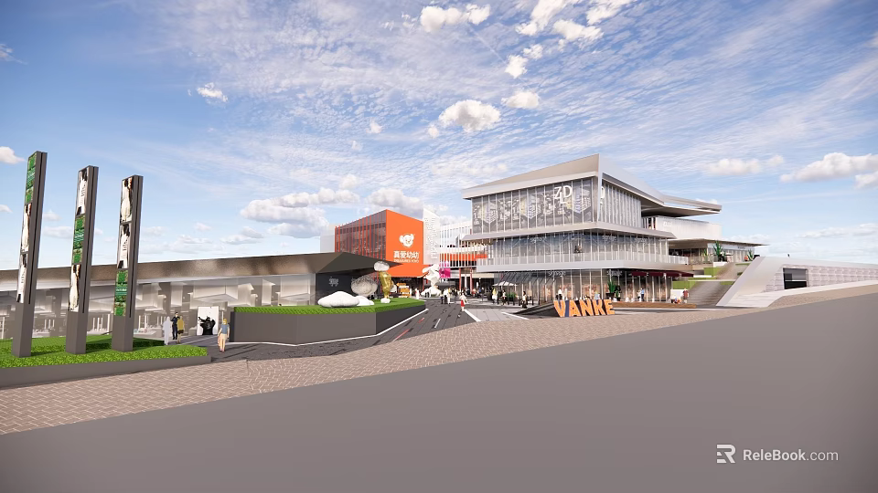 Modern Commercial Street With Stylish Buildings Pedestrians Outdoor Shops And Scenic Sky 3d model 