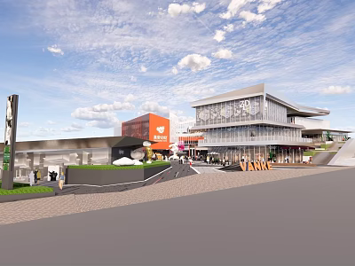 Modern Commercial Street With Stylish Buildings Pedestrians Outdoor Shops And Scenic Sky 3d model