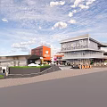 Modern Commercial Street With Stylish Buildings Pedestrians Outdoor Shops And Scenic Sky