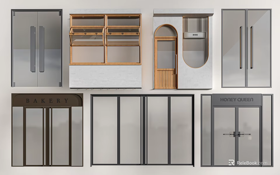 Various Types Of Entrance Doors With Glass Wood Metal Designs For Bakery And Shop 3d model 