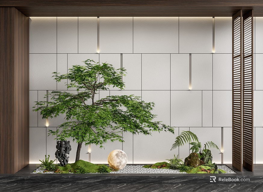 Contemporary Indoor Landscape with White Wall Panels Wooden Accents Green Tree and Hanging Lights 3d model 