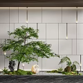Contemporary Indoor Landscape with White Wall Panels Wooden Accents Green Tree and Hanging Lights