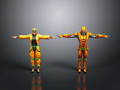 Orange And Yellow Action Figures With Outstretched Arms On Gray Reflective Floor 3d model