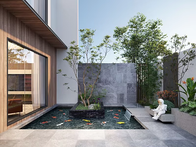 Courtyard Garden Landscape With Koi Fish Pond Stone Wall And Green Plants 3d model